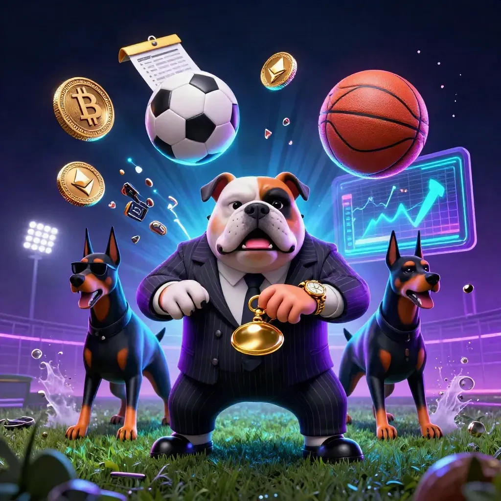 Bulldog mob boss and two Dobermans with crypto coins, soccer ball, and neon casino effects.