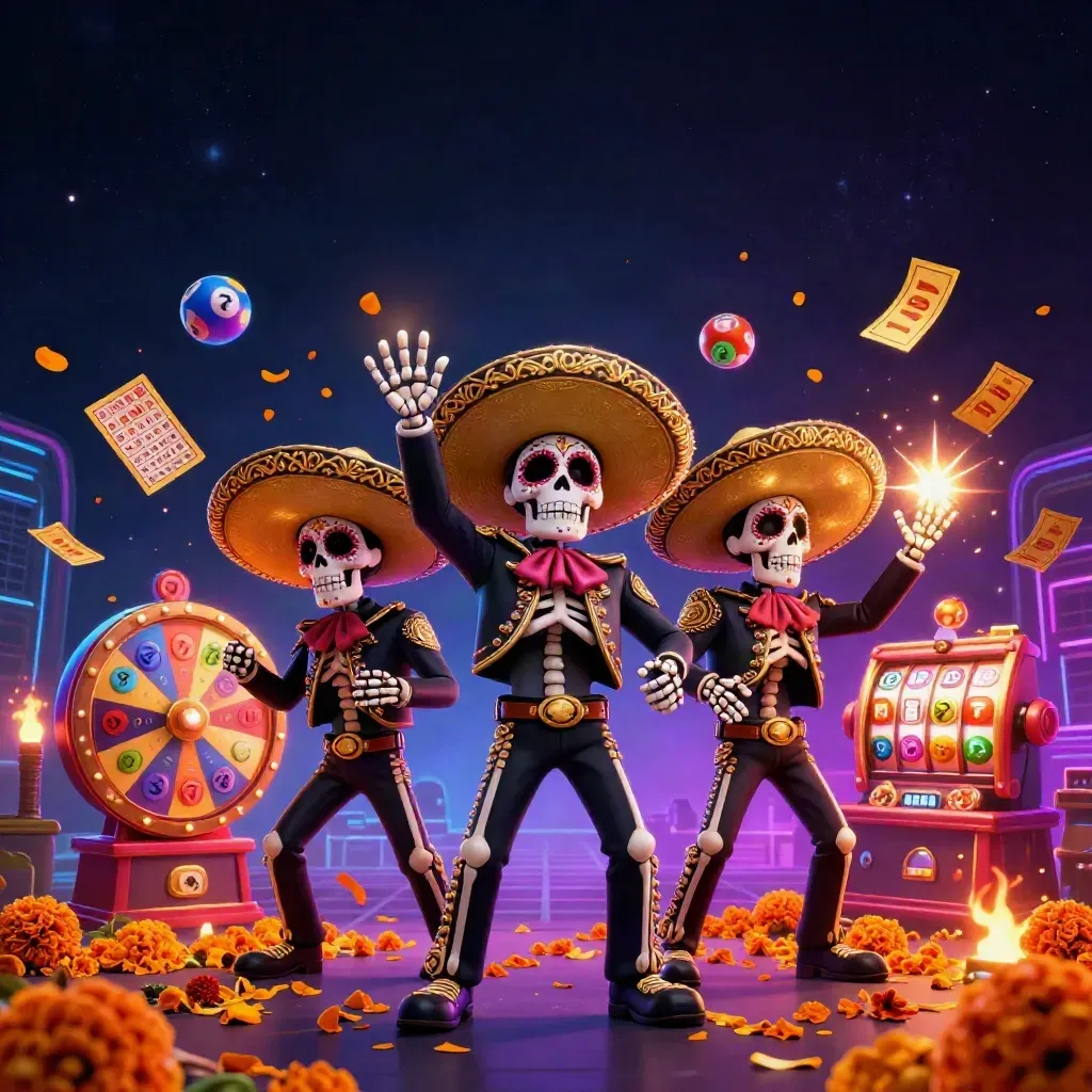 Three skeleton mariachi musicians amid neon casino loot in a cosmic vault glow