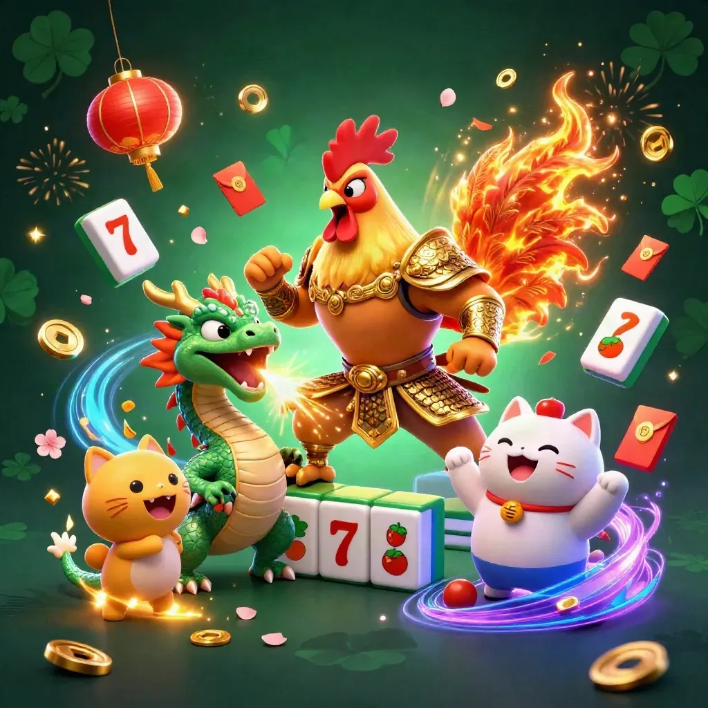Rooster warrior, dragon hatchling, and fortune cat amid neon casino treasures and sparkles.