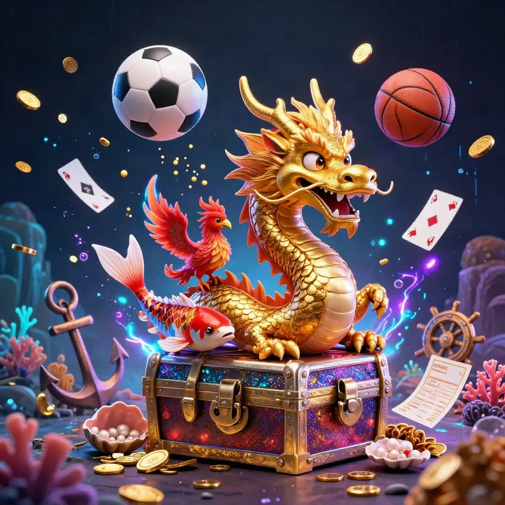 Golden dragon with phoenix and koi, sports balls, coins, and neon cosmic casino effects.