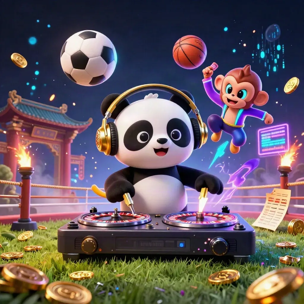 DJ panda, monkey, and glow-stick kitten in a neon casino sports burst with flying balls and gold coins.