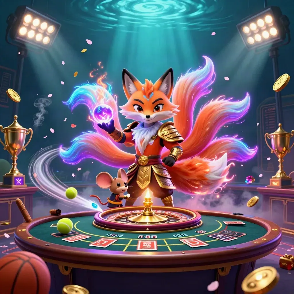 Neon fox spirit and golden samurai mouse amid casino props, coins, petals, and glowing lights.