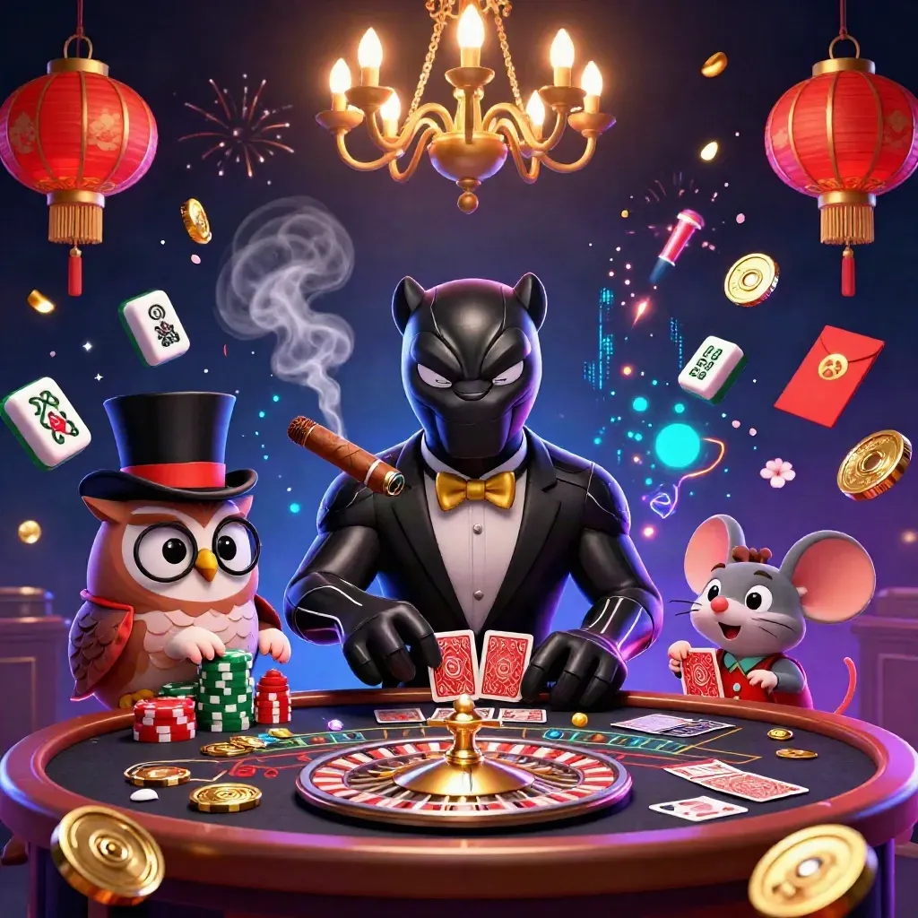 Panther, owl, and mouse in a glowing cosmic casino room with lanterns, coins, and neon energy.