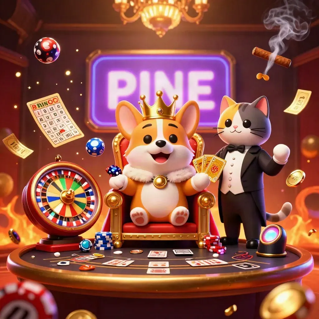 Royal corgi and cat butler amid casino riches, lottery balls, wheel, and glowing gold light