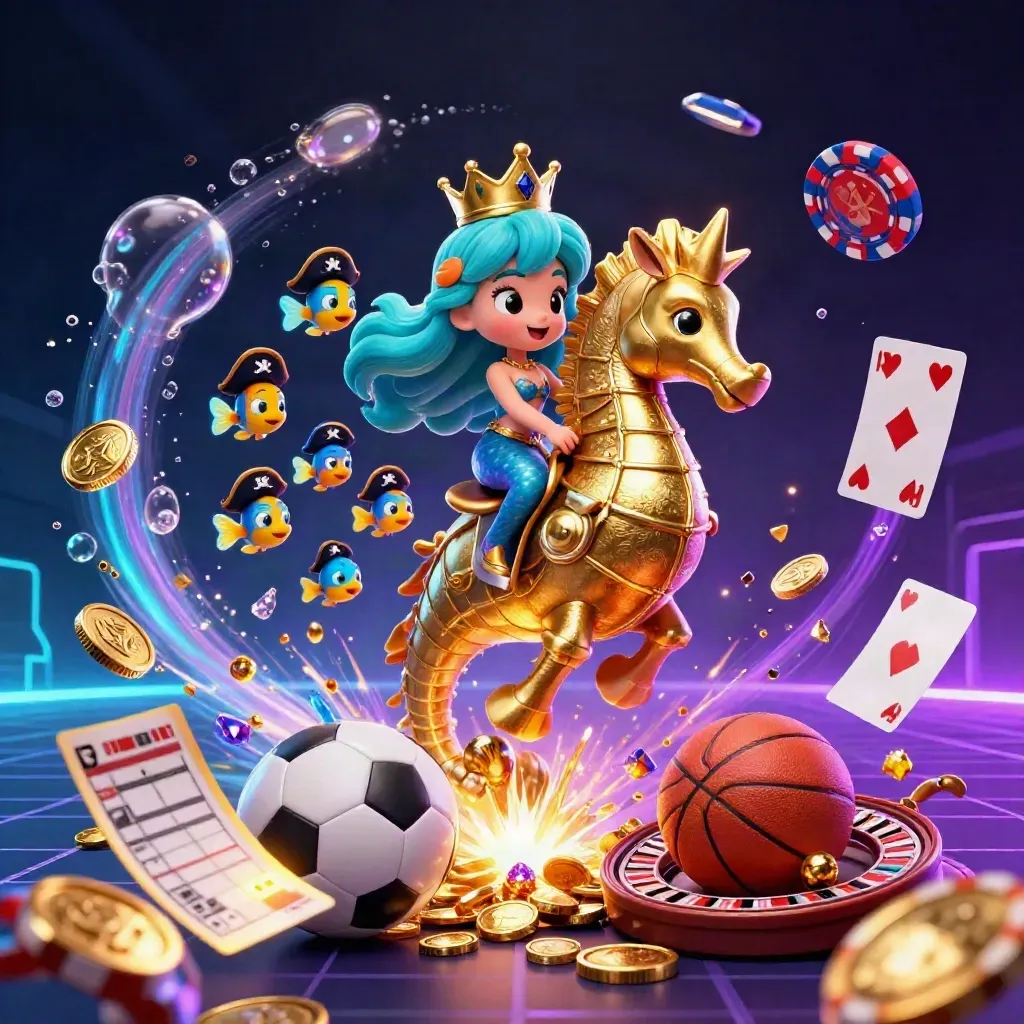 Mermaid princess on a gold seahorse amid coins, chips, cards, balls, and neon underwater lights.