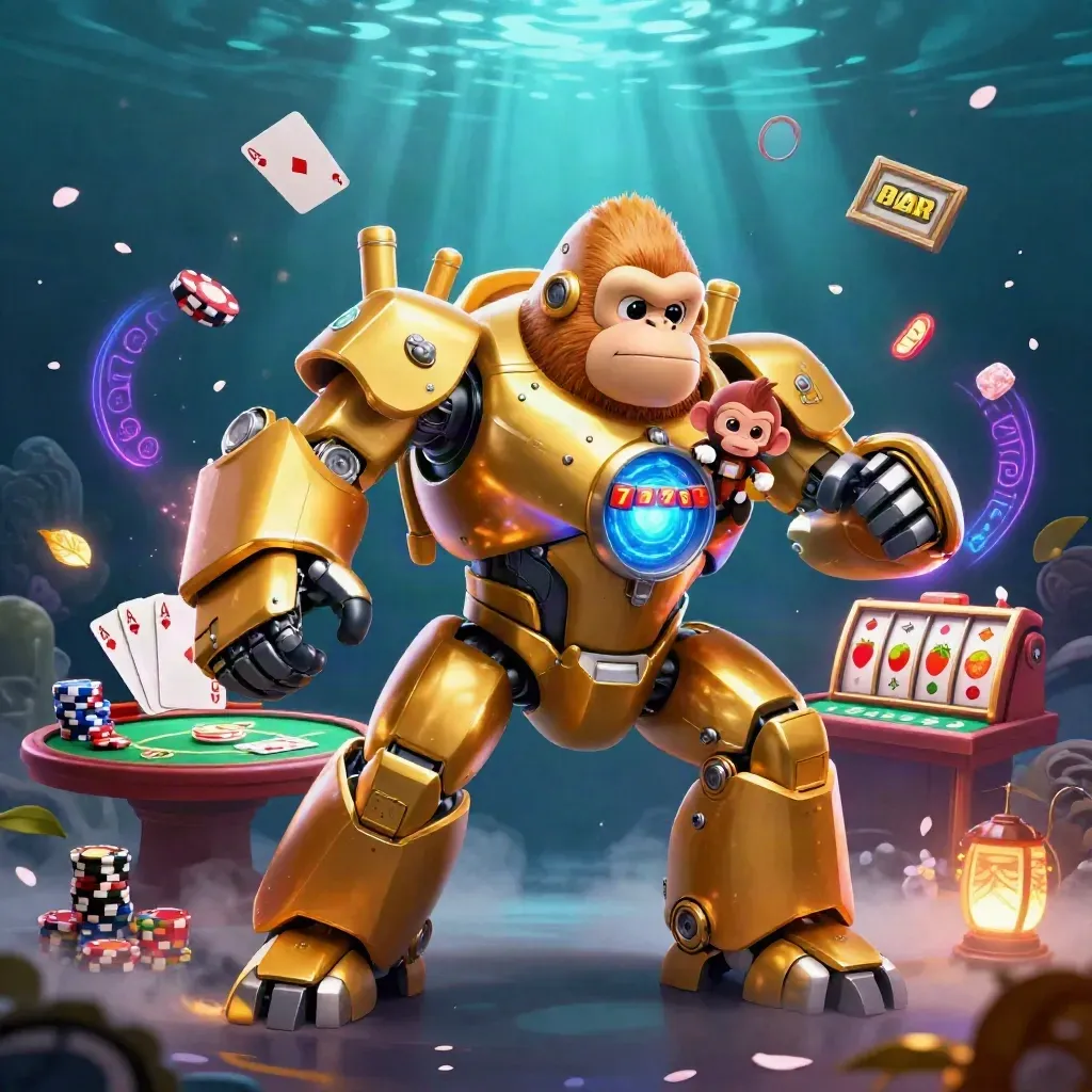 Golden gorilla mech with monkey pilot, casino props, and neon underwater glow.