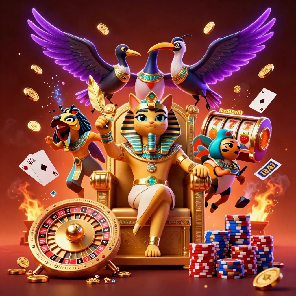 Pharaoh cat, ibis scribe, and gem-winged scarabs amid coins, chips, cards, and neon casino sparks.