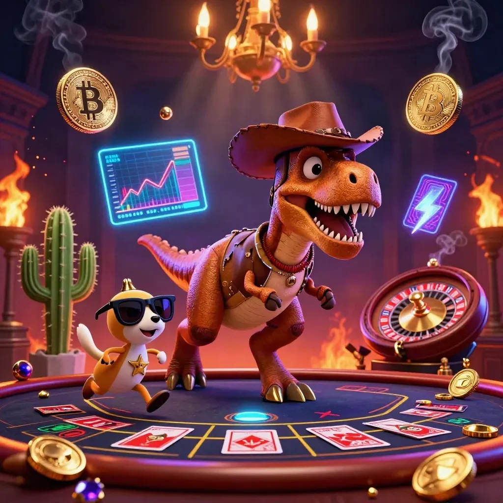 Cowboy T-Rex, cactus sidekick, and sheriff roadrunner amid casino coins, neon charts, and a roulette wheel.