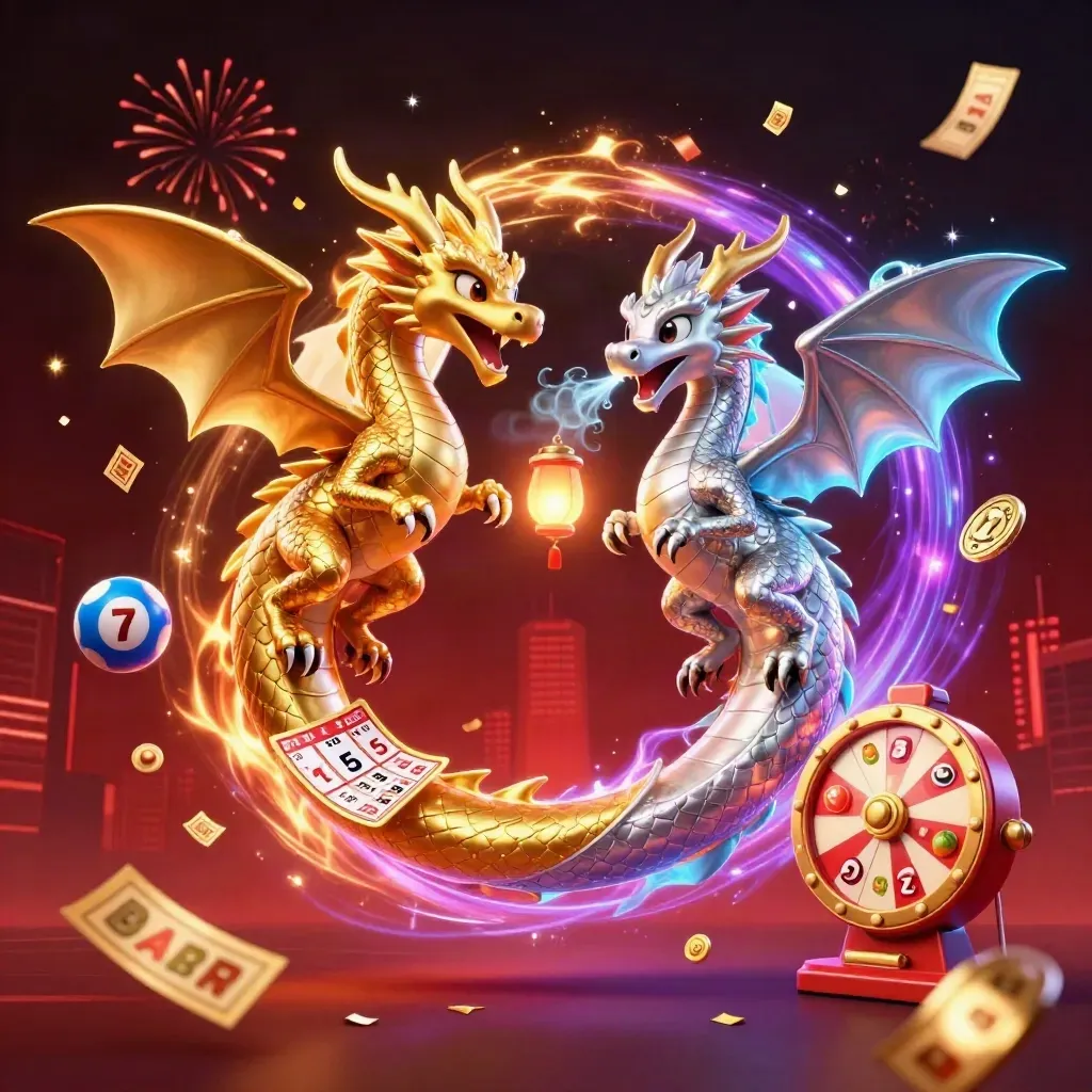 Gold and silver dragons spiral with a lantern spirit, casino loot and fireworks exploding around them.