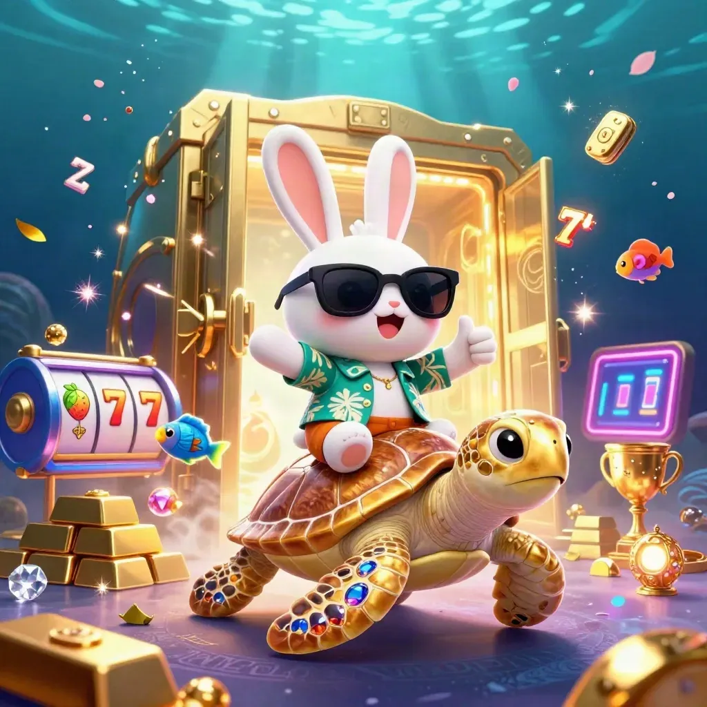 Lucky rabbit rides a golden sea turtle amid treasure, gems, neon underwater magic, and slot icons.