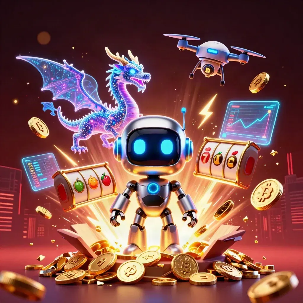 Cyberpunk robot, holographic dragon and coin drone amid vault burst, coins, reels and lightning.