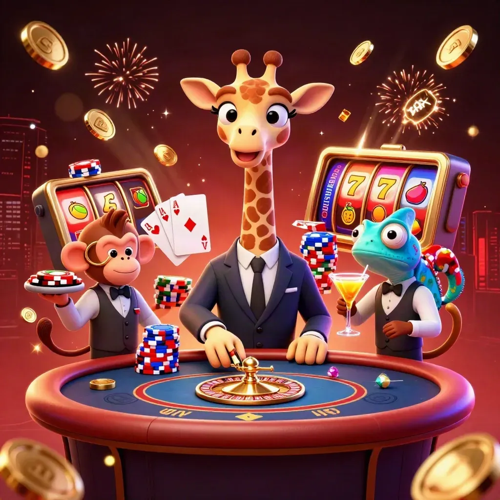 Giraffe, monkey, and chameleon in a neon casino blast of coins, chips, and jackpots