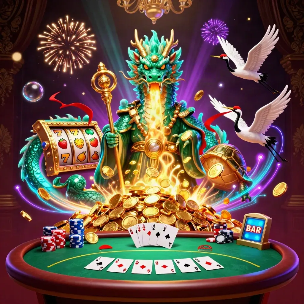Jade dragon, turtle sage, and ribboned cranes amid casino coins, slots, chips, and fireworks.