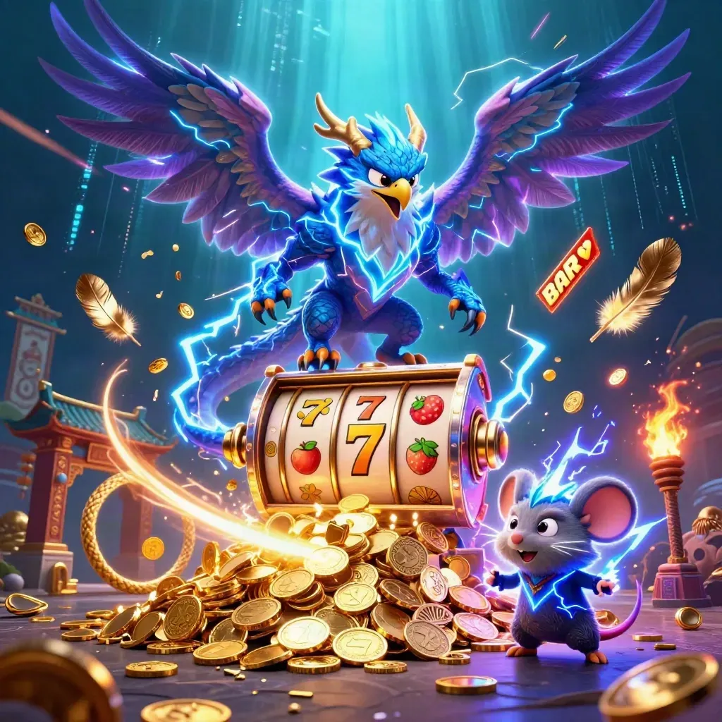 Thunder dragon, wind hawk, and crackling mouse amid casino coins, reels, and cosmic lightning