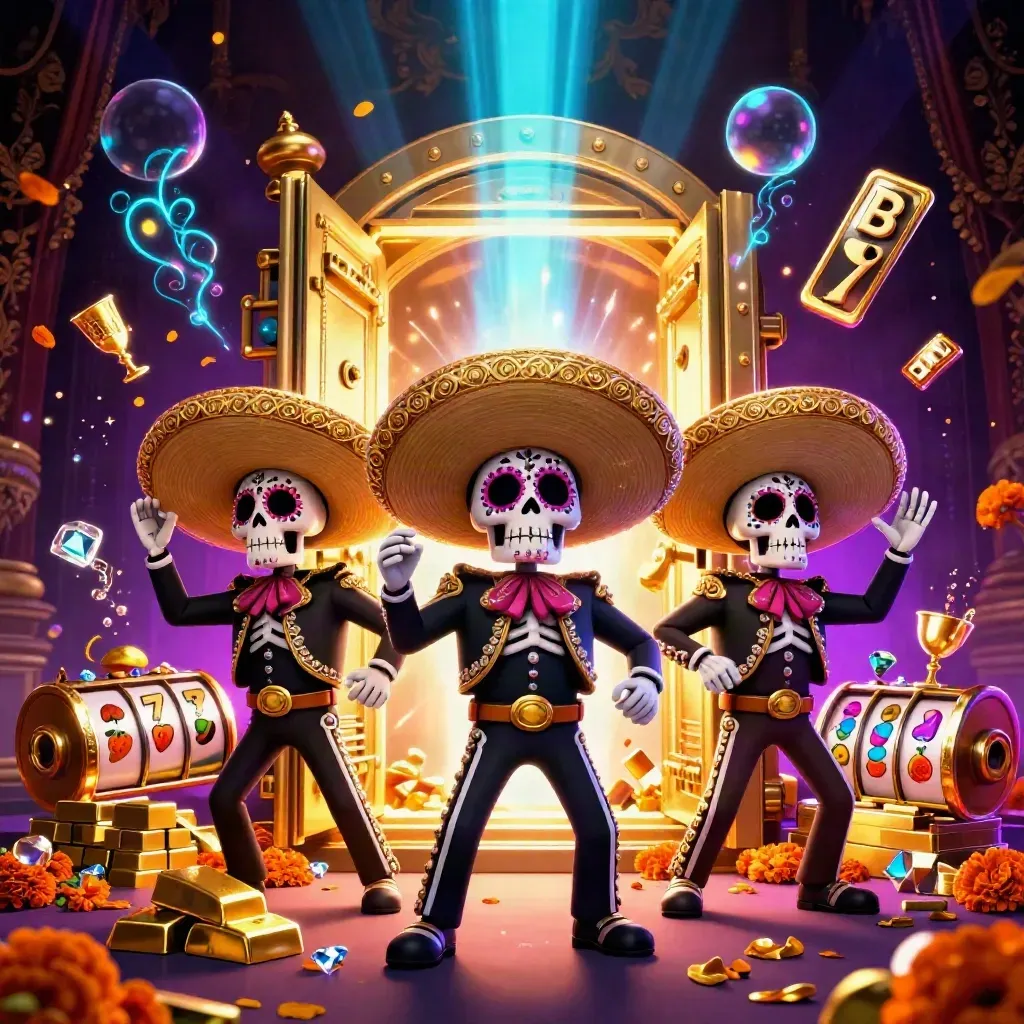 Festive skeleton mariachi trio with gold vault, jewels, slot reels, neon cosmic glow