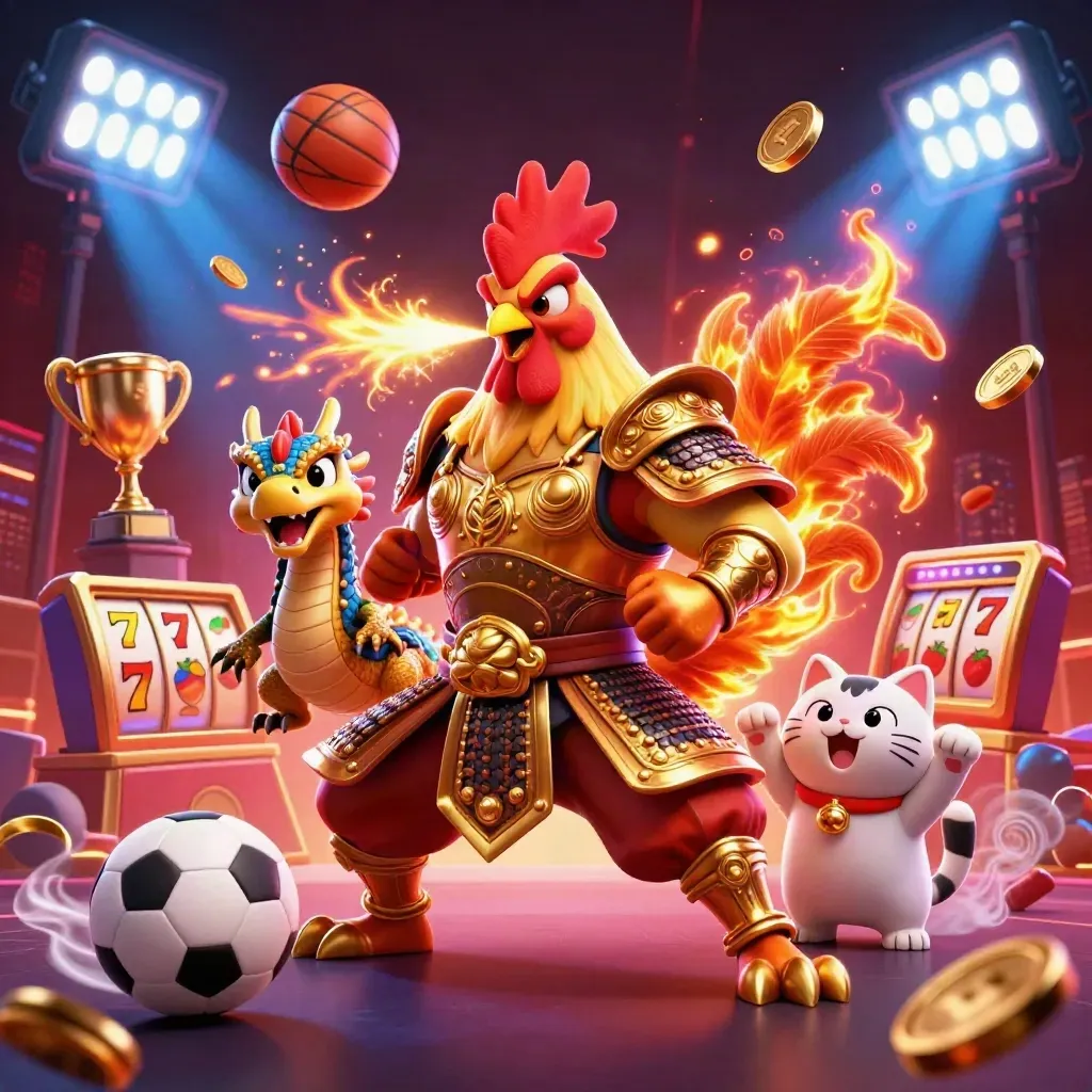 Rooster warrior, dragon hatchling, and fortune cat amid casino sparks, coins, reels, and sports balls.
