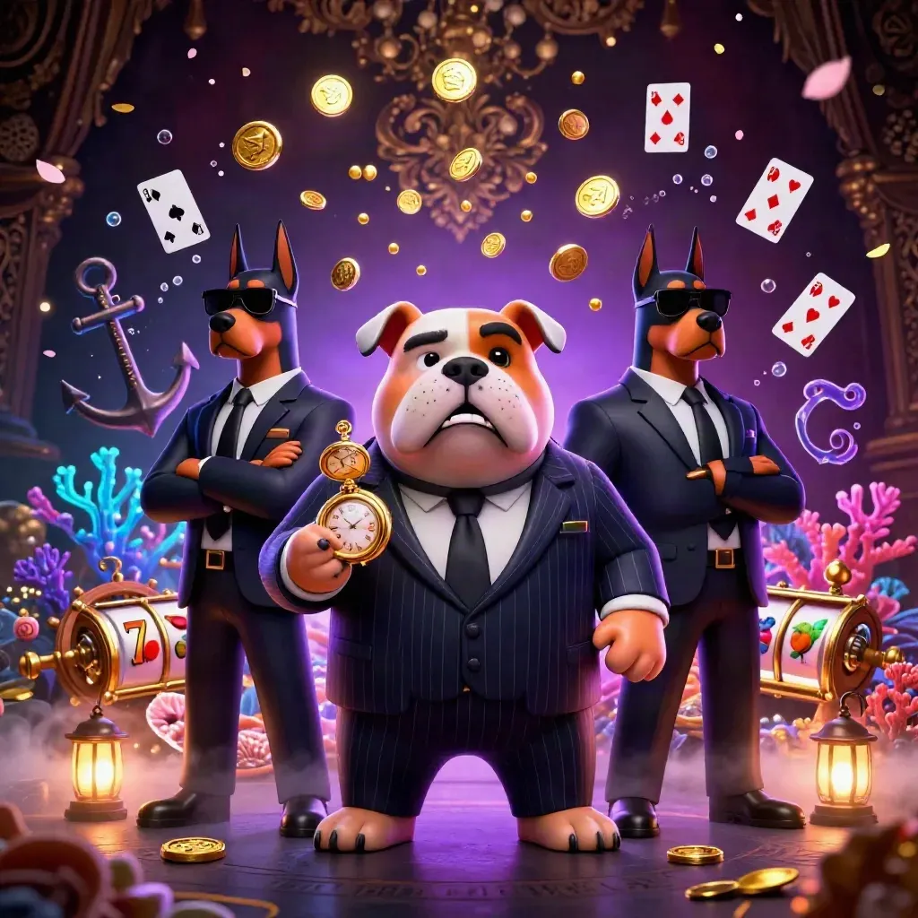 Mafia bulldog and two Dobermans amid casino treasure cove, reels, coins, and cosmic luxury glow.