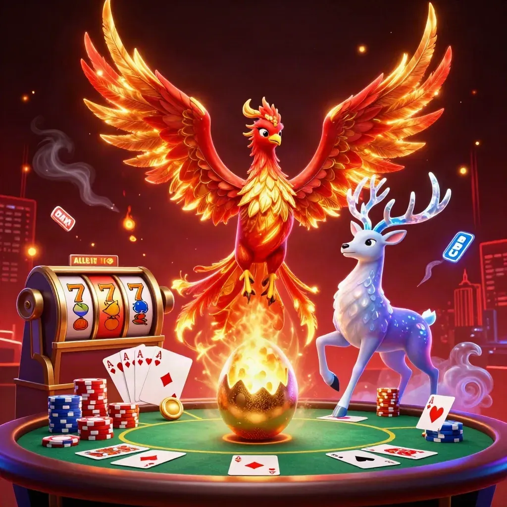Fire phoenix, hatching baby phoenix, crystal-antlered stag with casino chips and slot reels on a dark cosmic backdrop