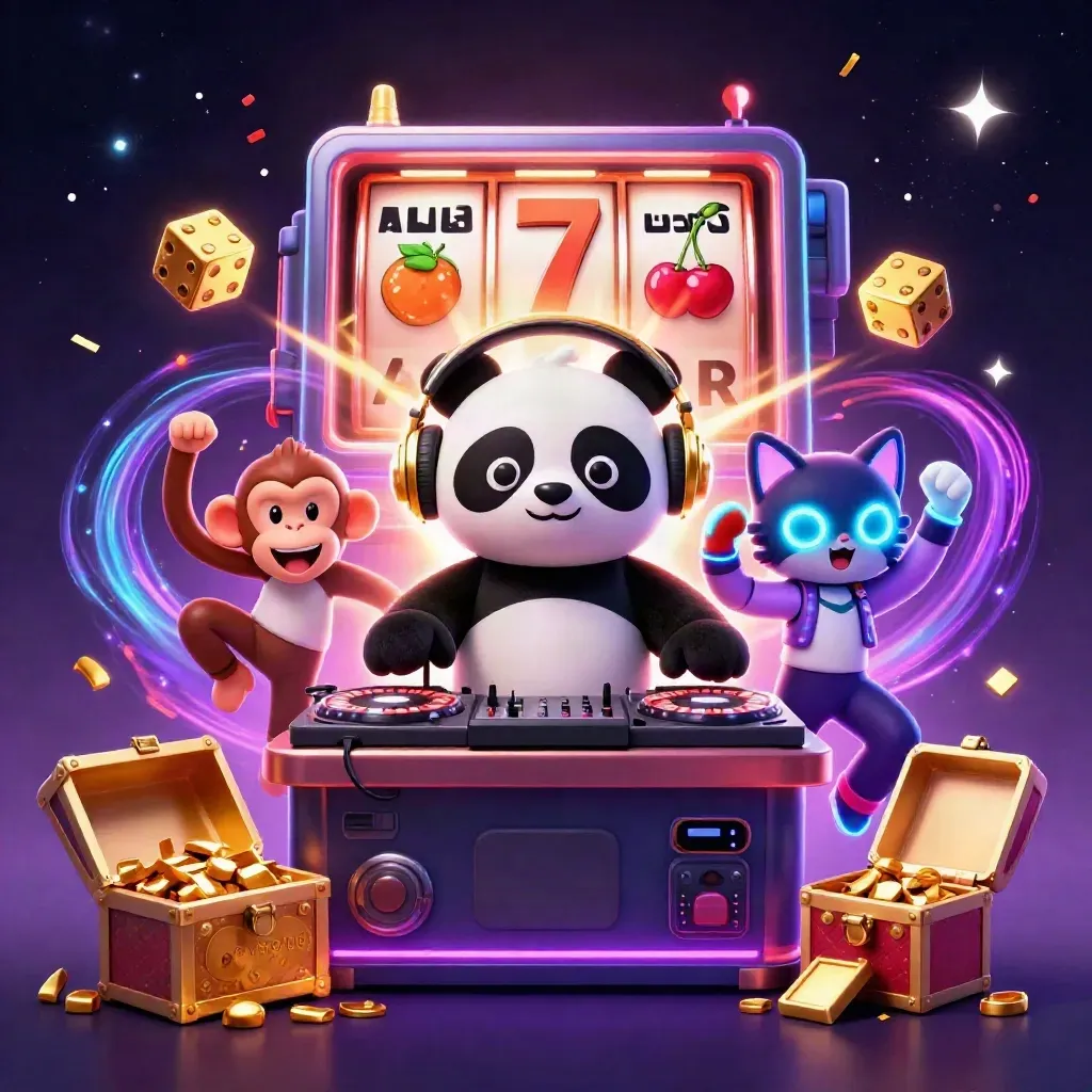 DJ panda, monkey, and kitten amid slot reels, jackpots, confetti, and a cosmic casino glow.