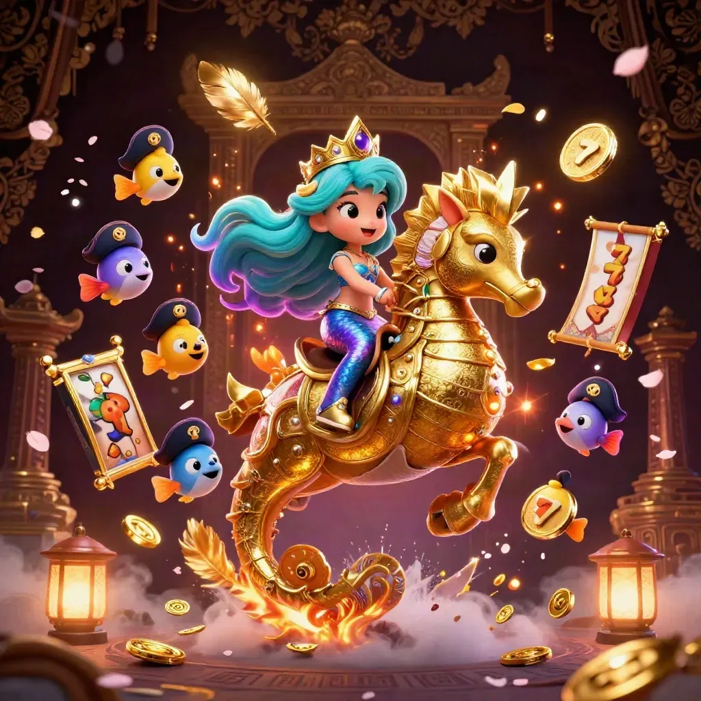 Mermaid princess on a golden seahorse amid slot symbols, coins, petals and neon casino glow.