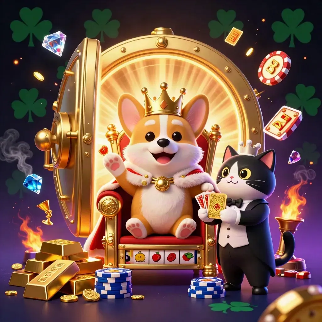 Royal corgi and cat butler amid gold vault, slot reels, gems, and neon casino glow