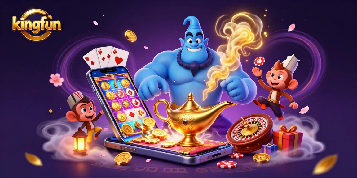 Engage with kingfun's thrilling casino experience featuring a magical genie, poker chips, and vibrant game elements.