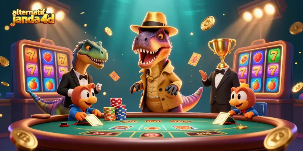 Gambaran alternatif janda4d dengan velociraptor dan pit boss di meja blackjack.