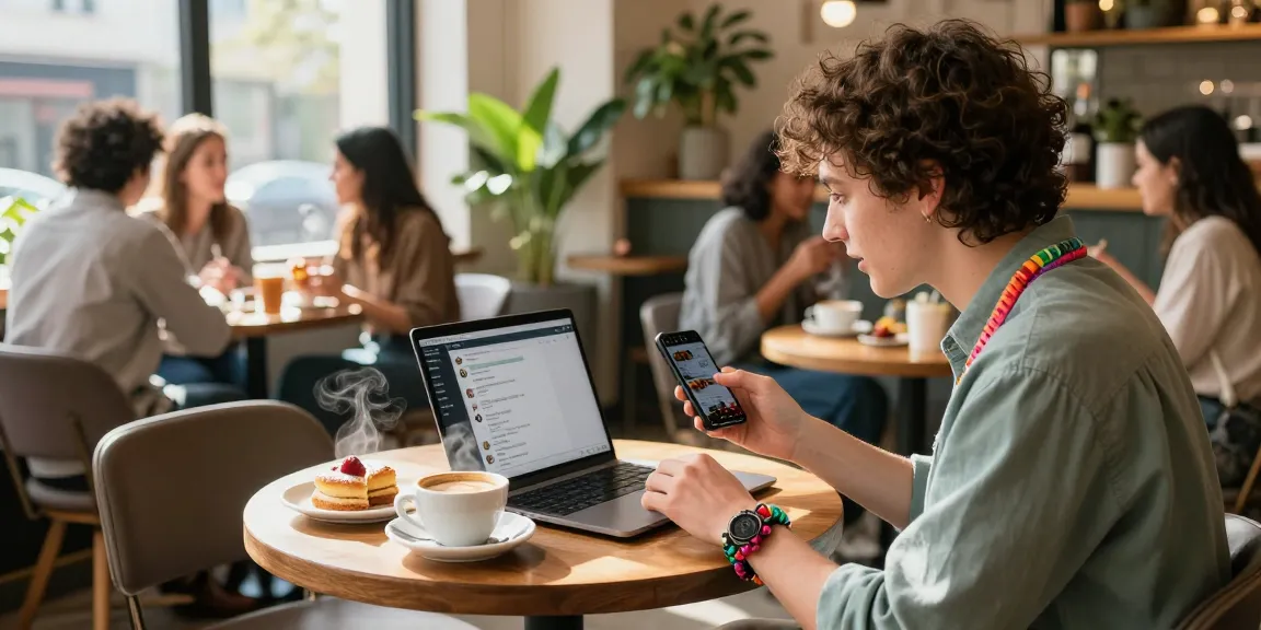 Engaging in a spicy chat at a cozy café with digital devices, coffee, and pastries.