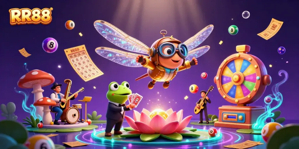 Experience the excitement of RR88's vibrant casino scene featuring dynamic characters and colorful game elements.