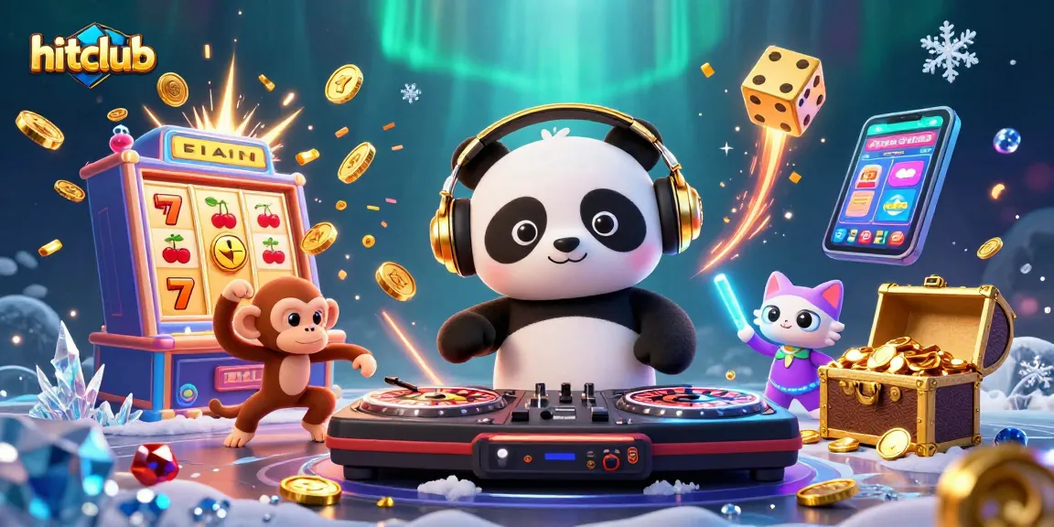 Hitclub's vibrant casino scene showcases a DJ panda, breakdancing monkey, and glow-stick kitten amidst a jackpot frenzy.