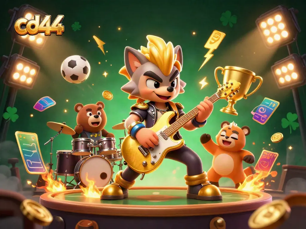 cd44's thrilling casino scene showcases a rock star wolf, dynamic sports elements, and vibrant visual effects.