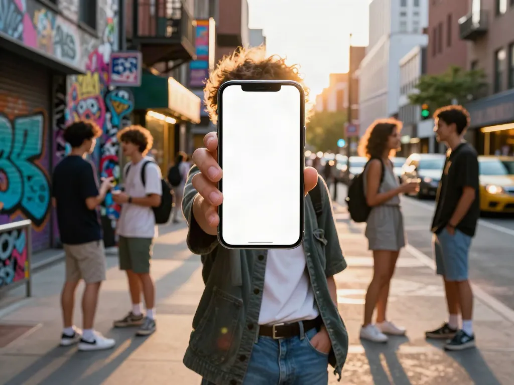 Stylish individual displaying akunjp logo on smartphone in vibrant urban setting.