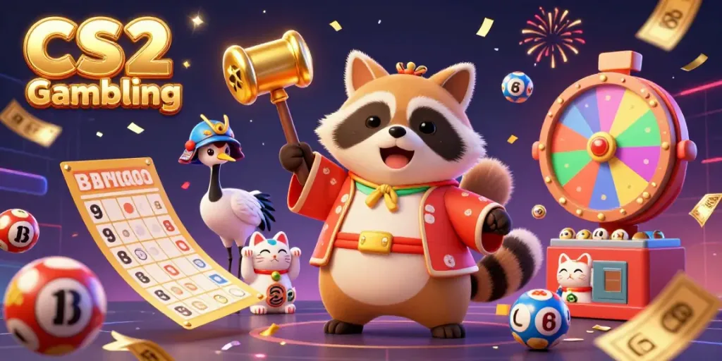 Engage in thrilling CS2 Gambling with a colorful scene featuring a cheerful tanuki, crane, and waving fortune cats.
