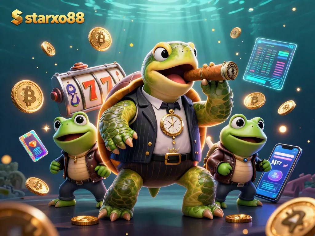 Play exciting casino games at starxo88 with a vibrant 3D illustration of a snapping turtle in a suit.
