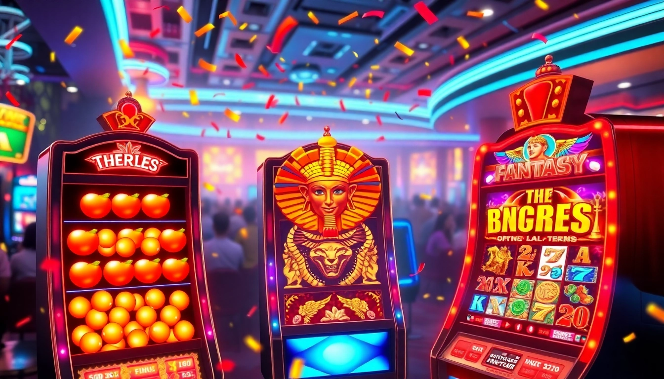 Permainan Slot Game dengan mesin slot berwarna-warni di kasino yang penuh semangat
