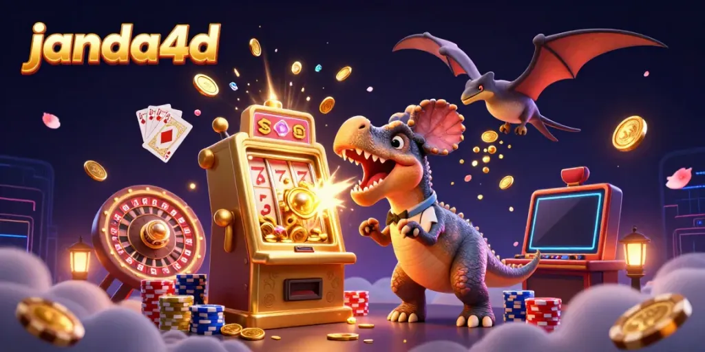 Janda4d slot jackpot membanjiri koin emas dalam ilustrasi kasino yang dinamis.