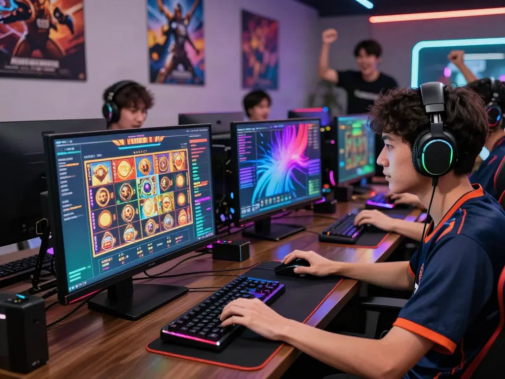 Gamer melakukan nyonya4d login di platform game online, dikelilingi cahaya LED warna-warni.