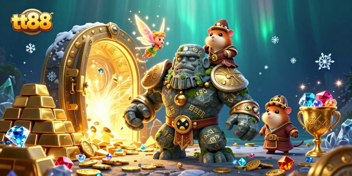 Navigate winnings with tt88's vibrant casino world, featuring a golem and knight amidst treasure.