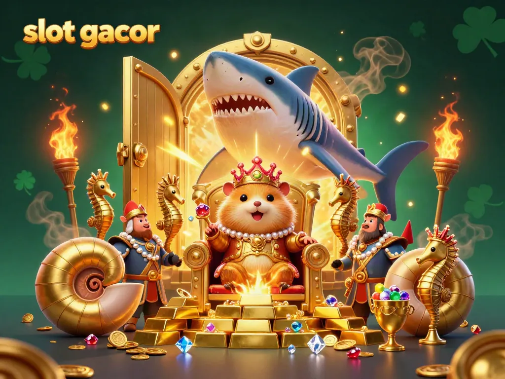 Experience big wins with slot gacor, featuring a golden hamster king and treasure in a vibrant casino scene.