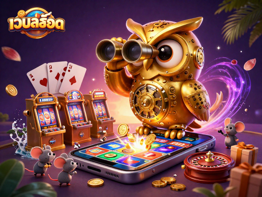 Experience the excitement of เว็บสล็อต with a vibrant casino scene featuring a golden owl and playful mice.