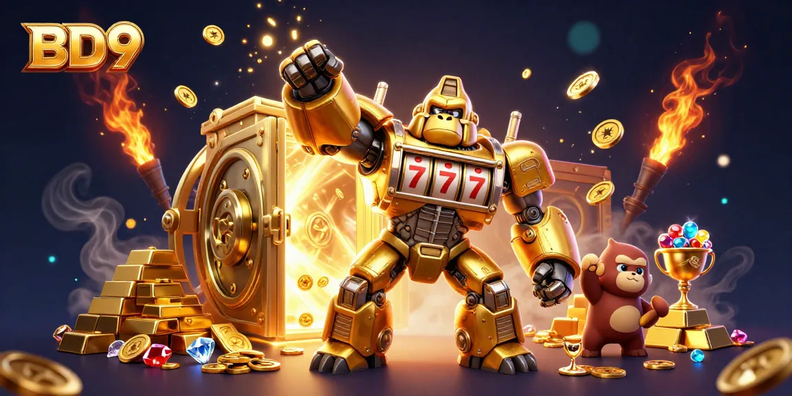 Experience the excitement of BD9 with a golden gorilla mech celebrating big wins surrounded by treasures and casino elements.