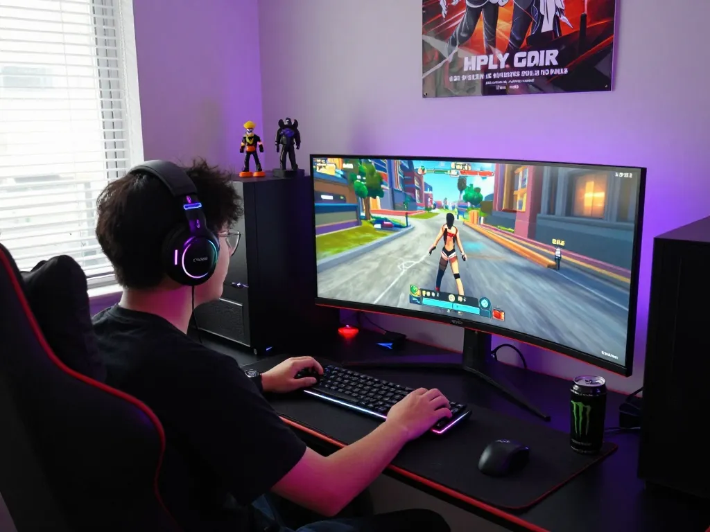 Engaging scene of a gamer playing a porngame with immersive visuals and vibrant gaming setup.
