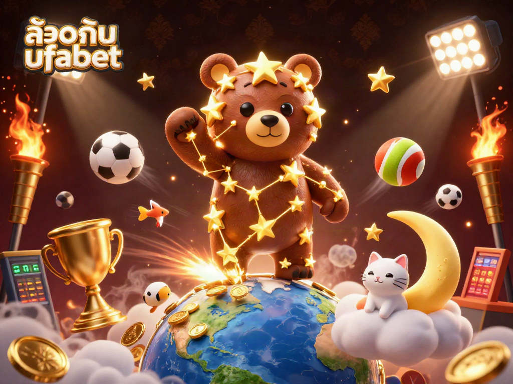 Experience the excitement of ล็อคอิน ufabet as the constellation bear scoops coins amidst sports elements.