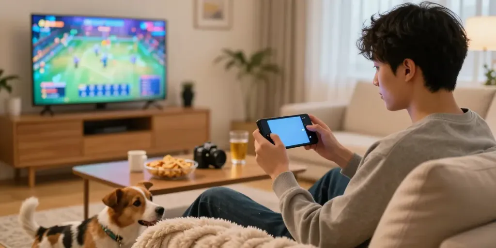 Enjoying Rumble Rummy on a smartphone in a cozy living room.