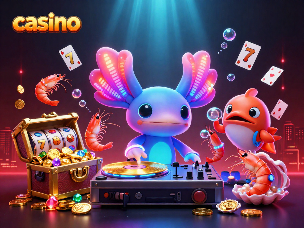 Engage in a vibrant casino atmosphere with a neon axolotl DJ and lively sea creatures.