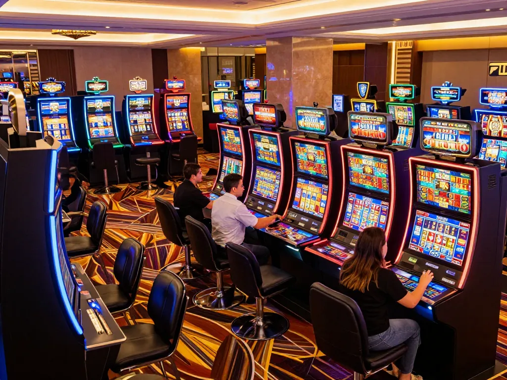 W69 players enjoying dynamic slot machine gameplay at a vibrant casino