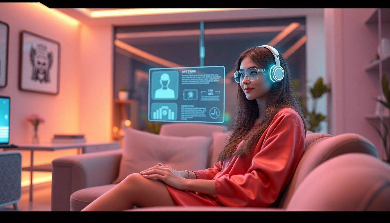AI girlfriend interacting with a user in a modern digital space, showcasing companionship and advanced technology.