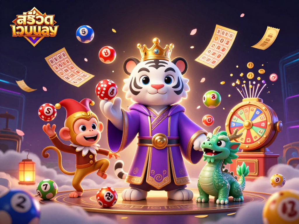 Playful scene of สล็อตเว็บตรง illustrating engaging lottery and casino elements with vibrant animations.