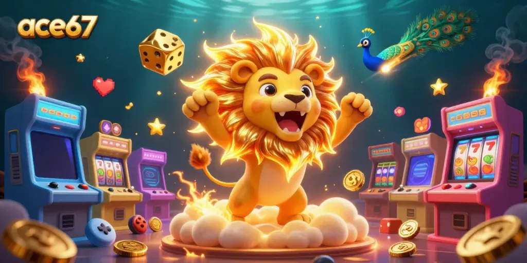 Experience the thrill of ace67 with a vivid illustration of a sun lion and casino-themed elements.