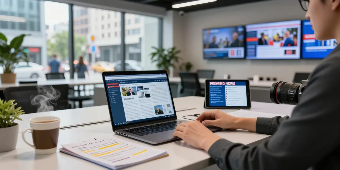 A journalist at https://www.theindaily.com covers breaking news in a lively editorial office, showcasing modern tools and vibrant city views.